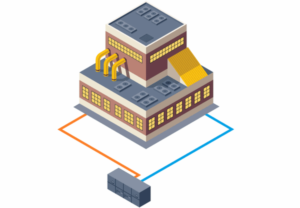 Animated gif of a two-story building with a centralized electrical system design. A fault occurs on one of the two electrical lines that are connected to the system’s circuit breaker. The fault causes all the building’s lights to turn off.